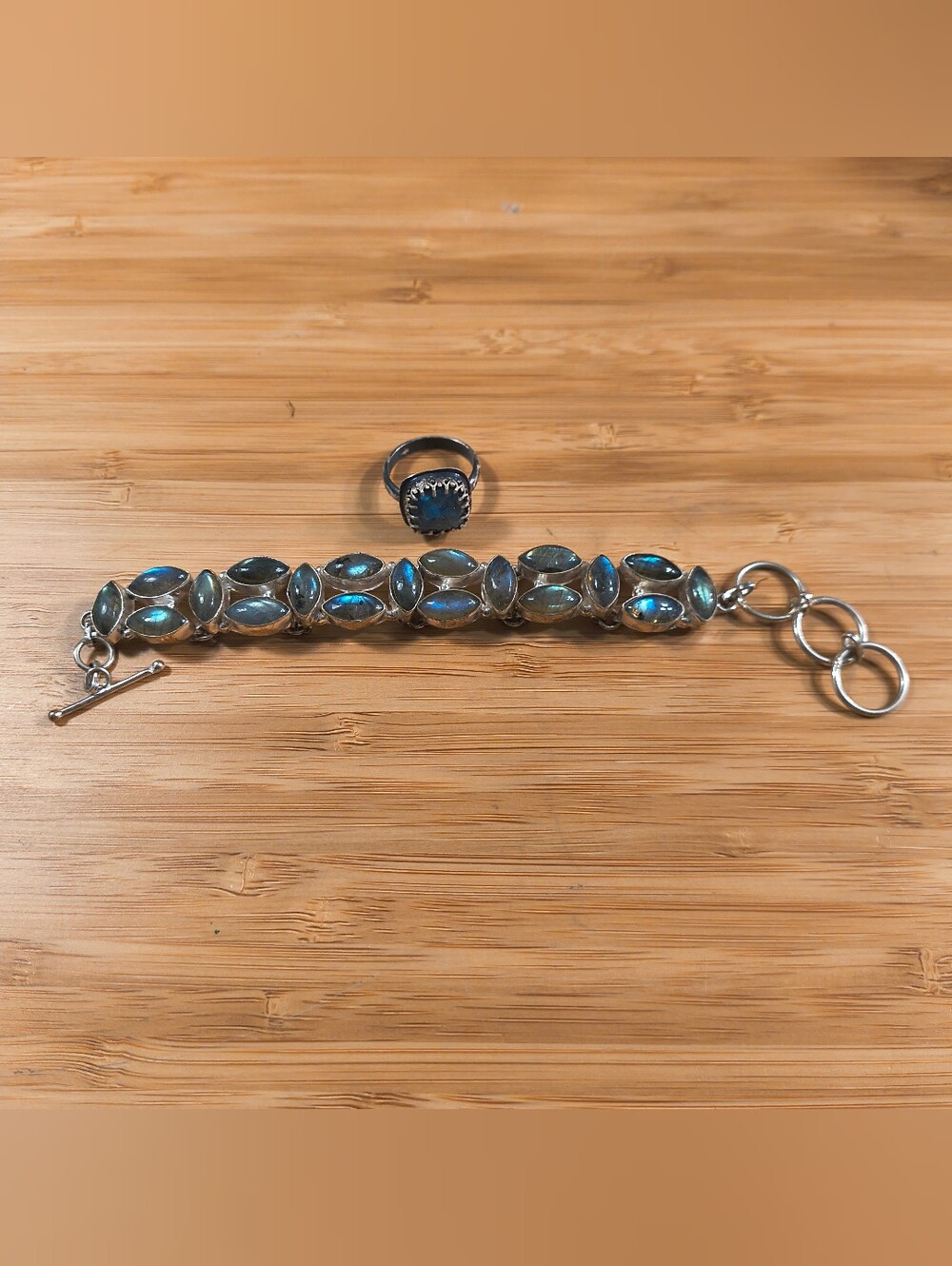 Mystic Artisan Labradorite Jewelry Bundle Toggle Bracelet & Ring Size 7.5